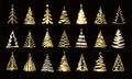 Hand drawn golden twinkle doodle christmas tree set.